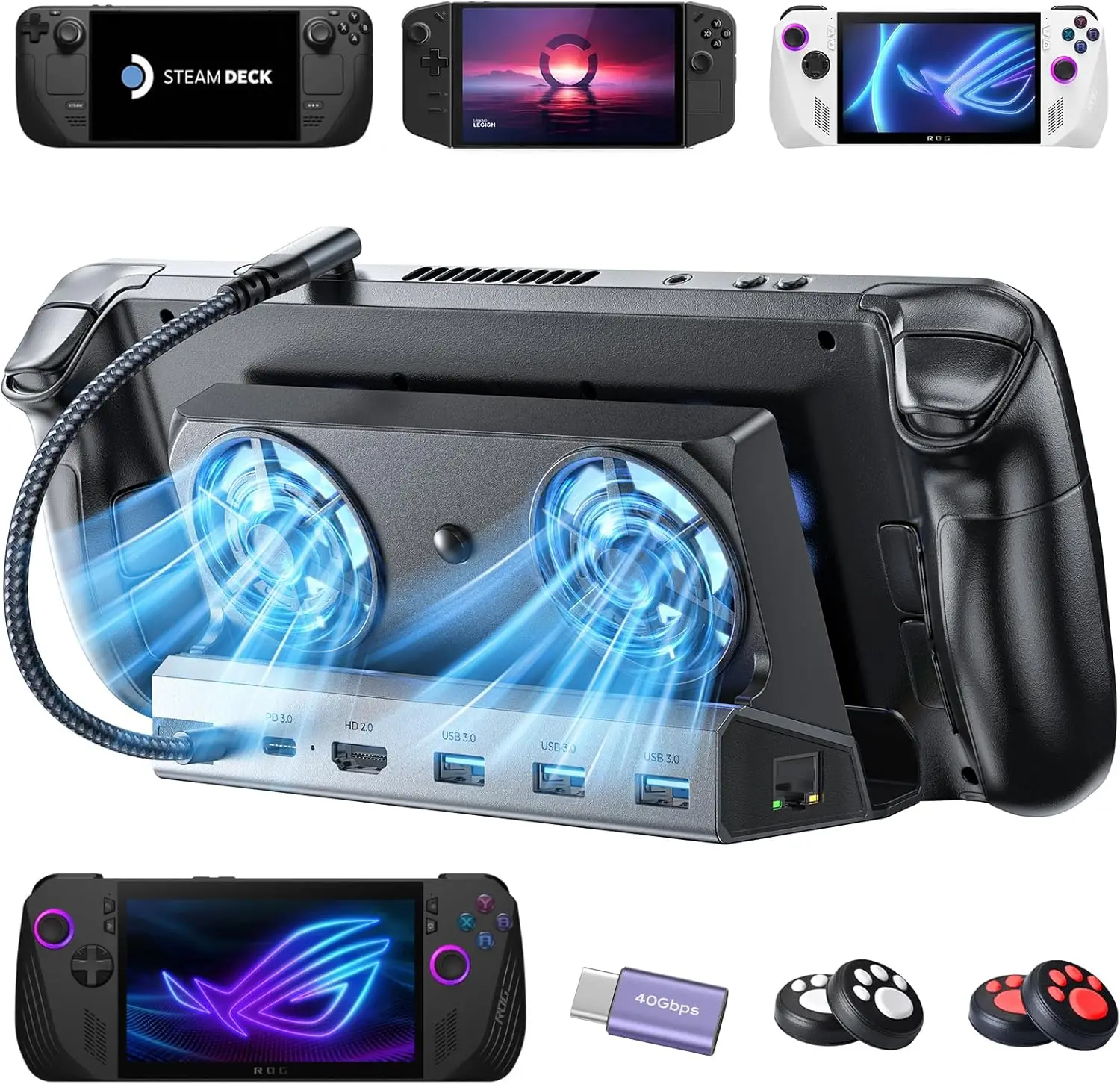 

Universal Gaming Dock with Dual Cooling Fans, 4K@60Hz HDMI, 100W PD Charging & Ethernet for Handheld Consoles