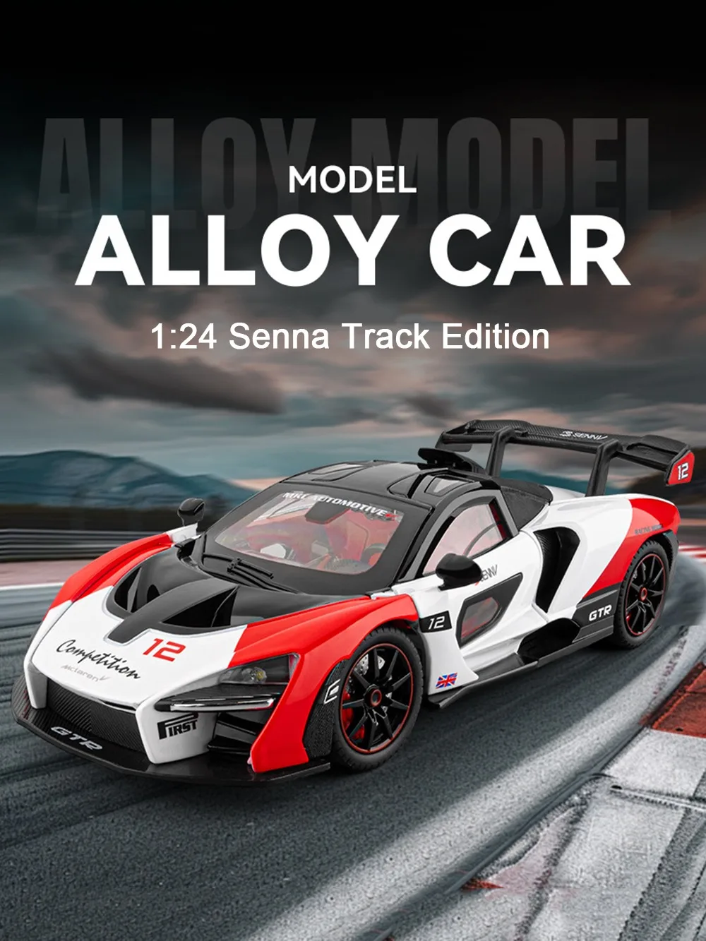 1:24 Senna GTR 720S Miniature Model Alloy Diecast Sports Car Toys Front Wheel Steering Sound Light Pull Back Boys Festival Gifts