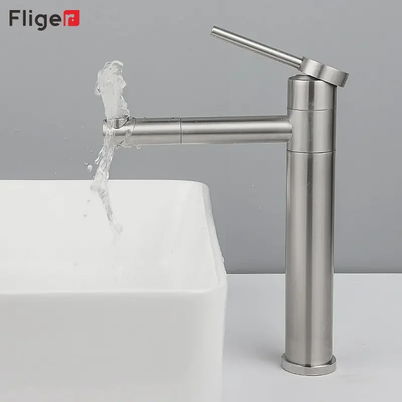 Fliger Gold Bathroom Sink Faucet Tall Basin Faucet Bathroom Faucet Countertop Sink Faucet Hot Cold 360° Rotating Mixer Crane