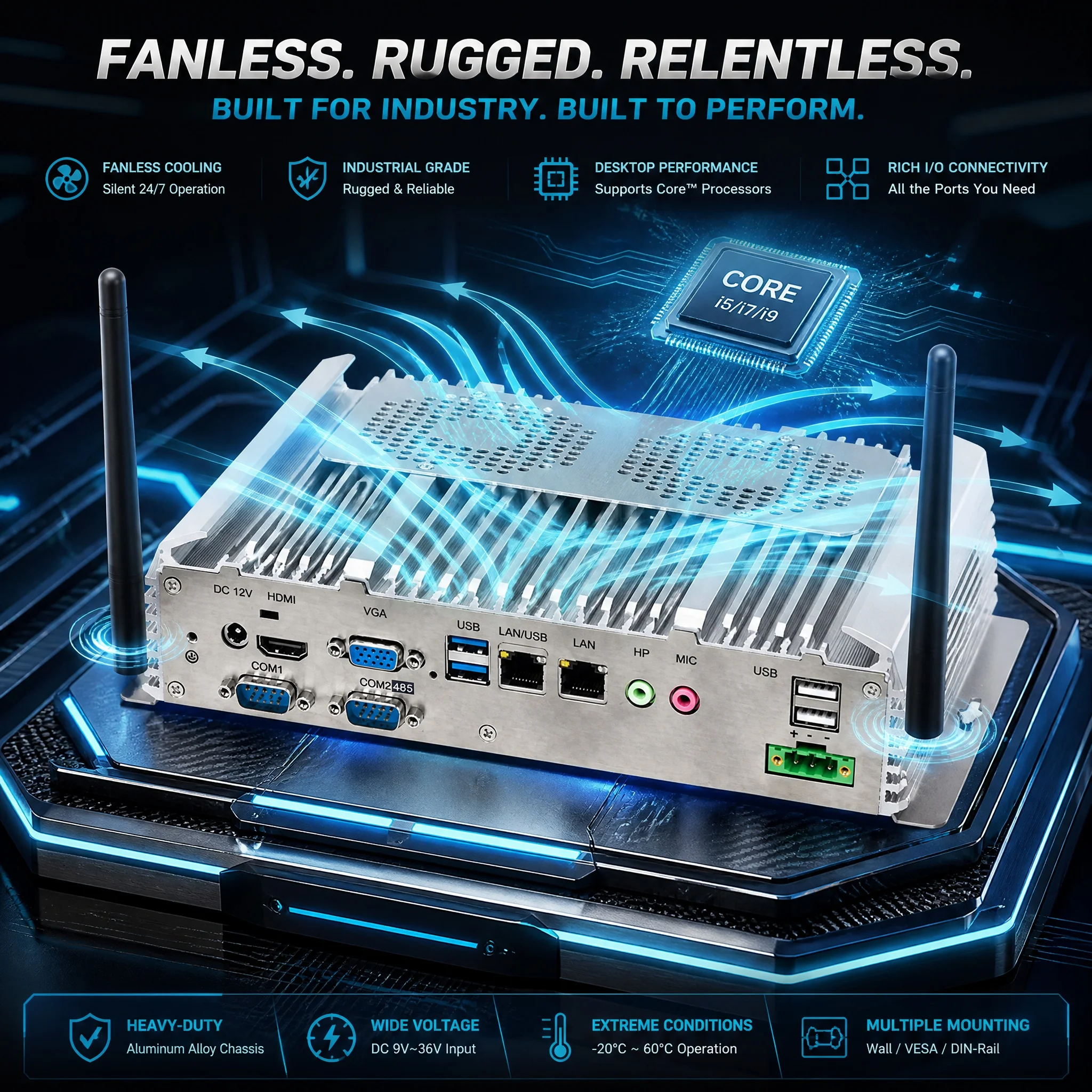 Mini PC Intel Core i5 i7 2 DDR4 Max 64GB Industrial Computer 2 Gigabit LAN 6 RS232 COM 6 USB HDMI VGA Windows 11 Linux