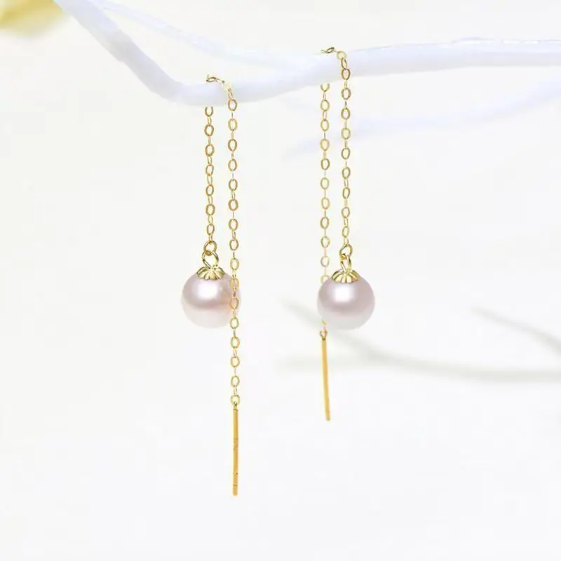 SMILE Real 18K Gold Natural Seawater AKOYA Pearl Earrings Pure AU750 Earrings Simple Tassel Earrings Women's Fine Jewelry Gifts