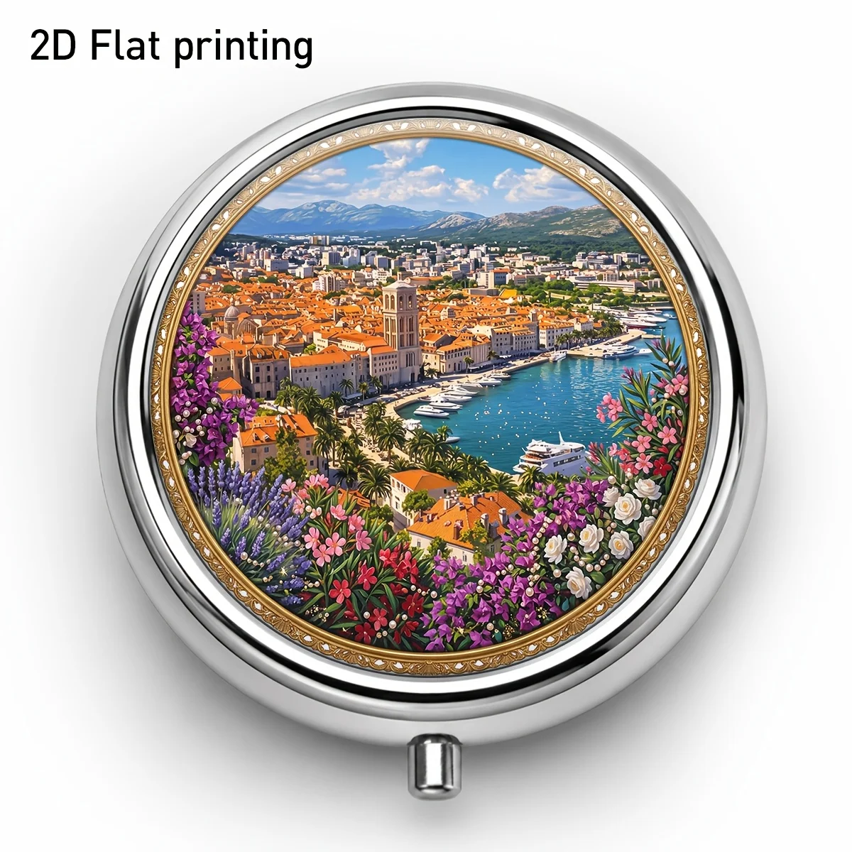 1 piece, flat print, round metal box with a sea-port city flower sea pattern, bright seaside style, three compartments for portable storage, organizes pills, vitamins, and small accessories, compact and aesthetically pleasing, flat design