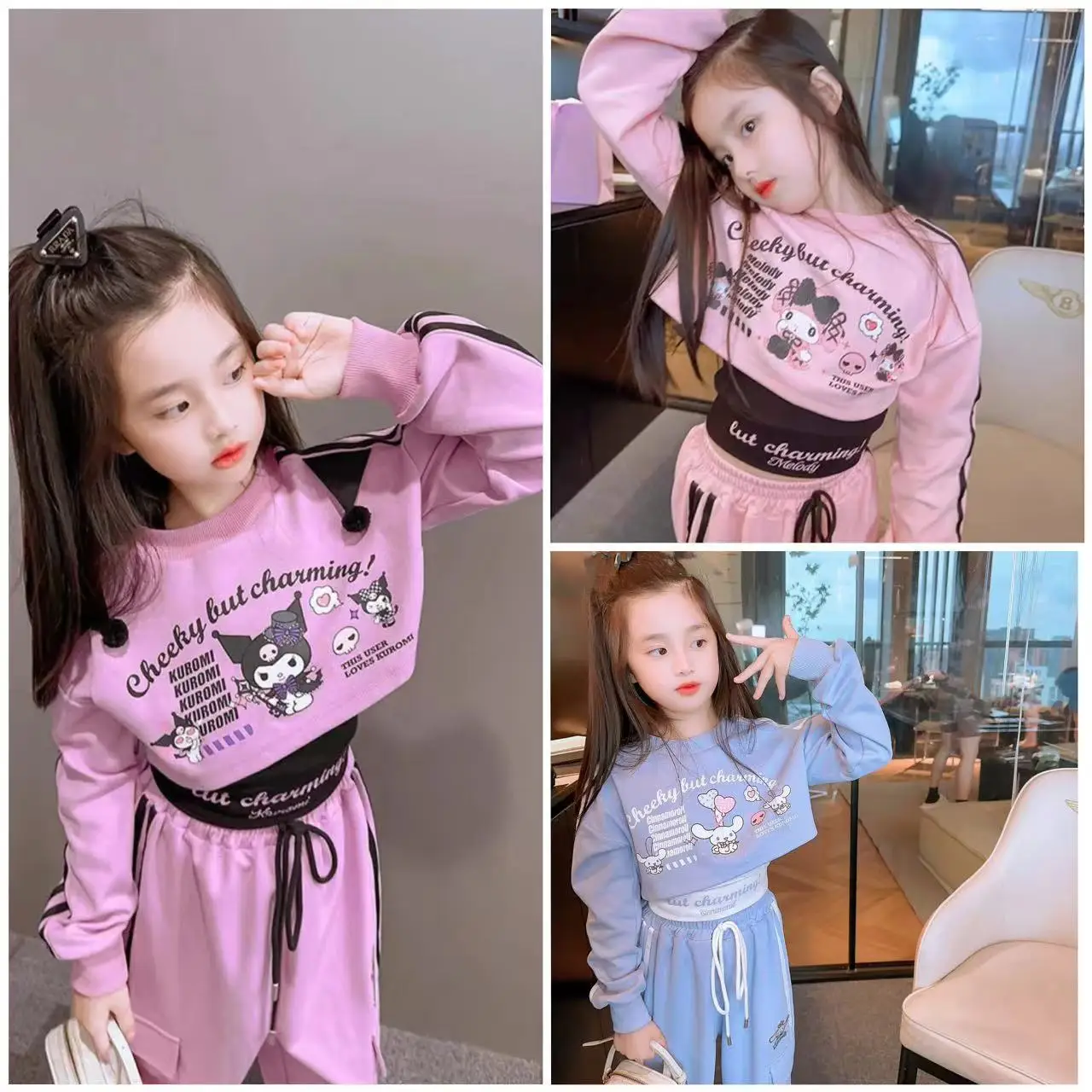 

Милый детский свитер Kuromi My Melody Cinnamoroll, комплект из трех предметов, милый свитшот и жилет в стиле аниме Sanrio на весну и осень, Комбинезоны