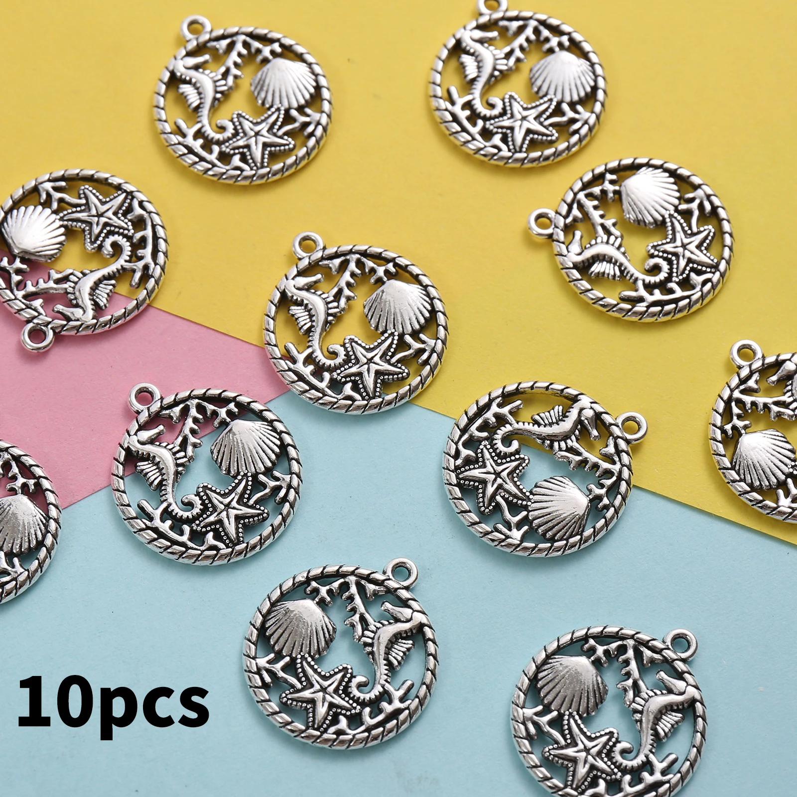 10 Hollow Ocean-Themed Charms Featuring Seahorses, Shells, and Starfish, Vintage Underwater Creature Pendants with Woven Edges, Suitable for DIY Bracelets, Necklaces, and Earrings, Seaside Vacation Ocean-Themed Handmade Beaded Jewelry Accessories