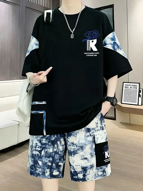 Conjunto de Verão com Camiseta de Manga Curta e Calças Largas, Estilo Casual, Tamanho Grande, Tendência para Homens
