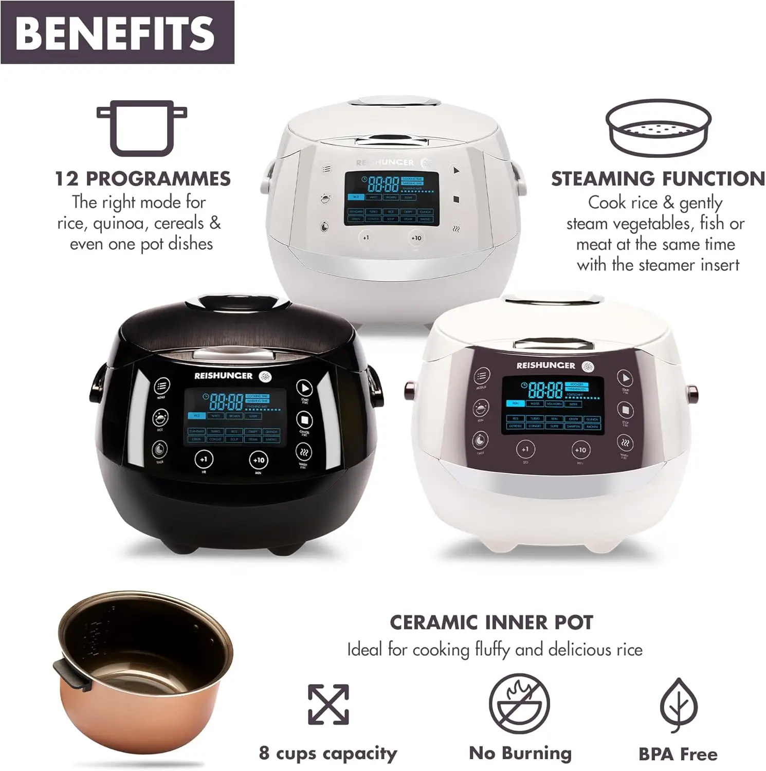 Digital Rice Cooker and Steamer, Black, Timer - 8 Cups - Premium Inner Pot, Multi Cooker with 12 Programs & 7-Phase T