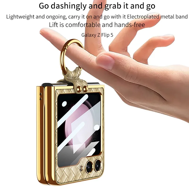 Luxury Leather Woven Phone Case for Samsung Z Flip 4 5 Case with Ring Fashion Shockproof Cover for Galaxy Z Flip4 Flip5 Case