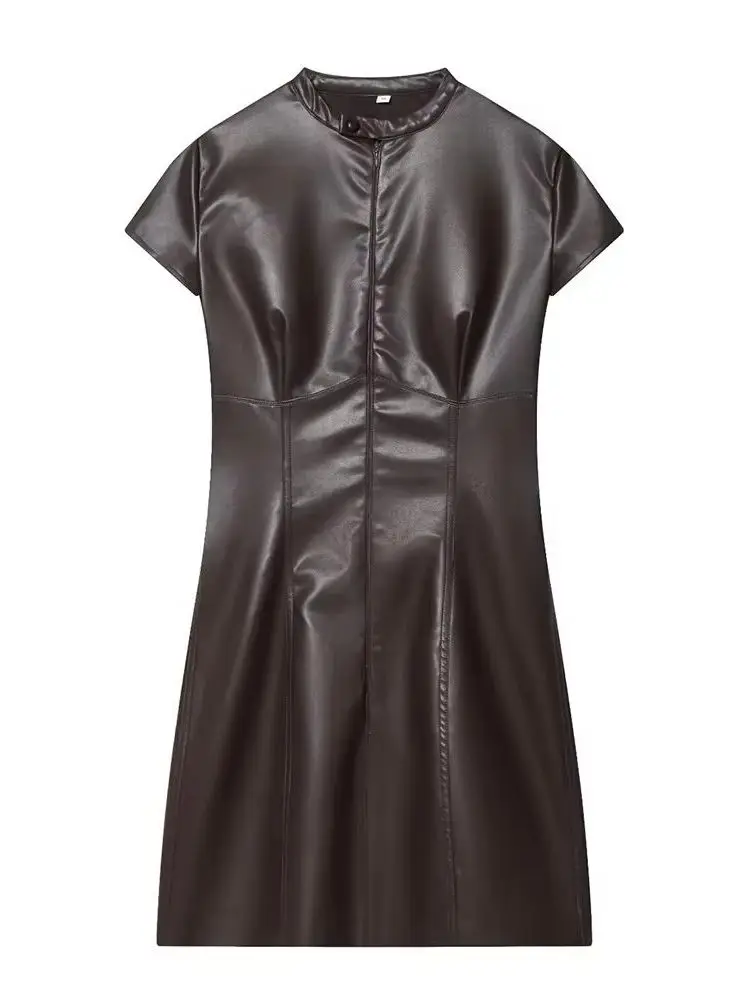 HH Zomer Vrouwen 2026 Mode Rits Ronde Kraag Kunstleer Mini Jurk Vrouwelijke High Street Casual Korte Mouw Jurk