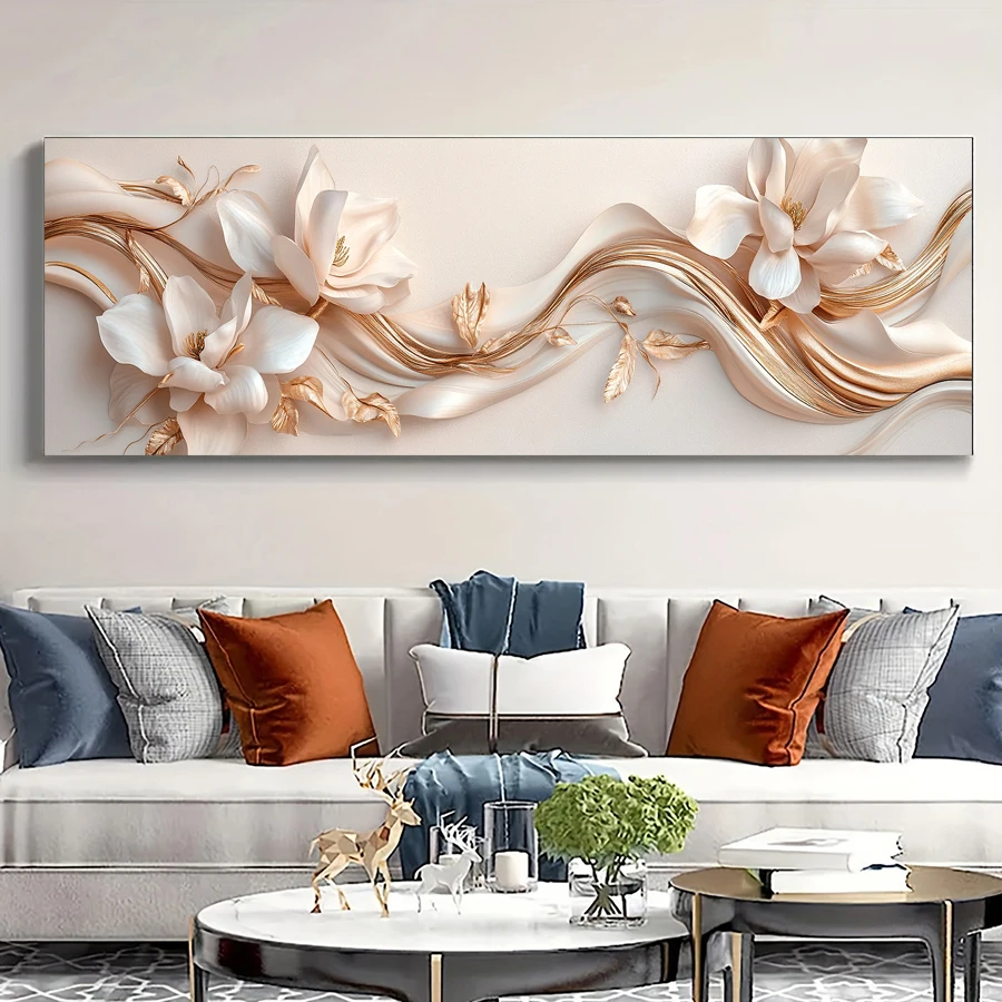 

Vintage Flower With Swirling Vines Golden-Accents Elegant Blooming Magnolias Posters, Print, Canvas, Wall arts Decor, Home Deco