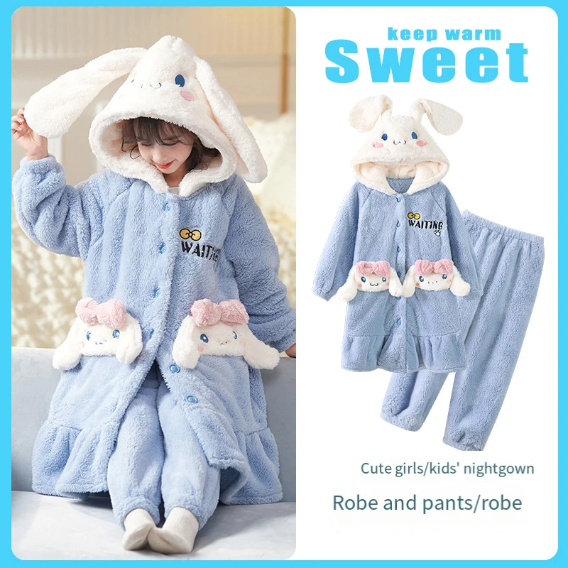 Kuromi Child Pajamas Girl Nightgown Autumn Winter Sanrios Coral Fleece Flannel Thicken Suit Girl Bathrobe Lounge Clothes