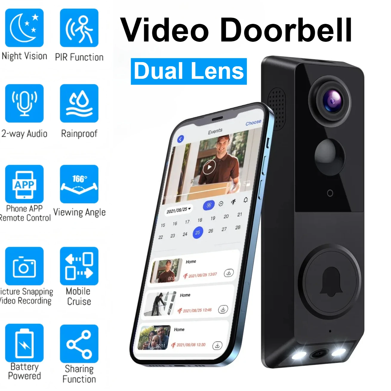 

Открытый беспроводной дверной звонок 720P с двумя объективами, домофон, видеодетектор движения, цифровой глазок, дверной Wi-Fi, мобильное управление, дверной звонок, камера