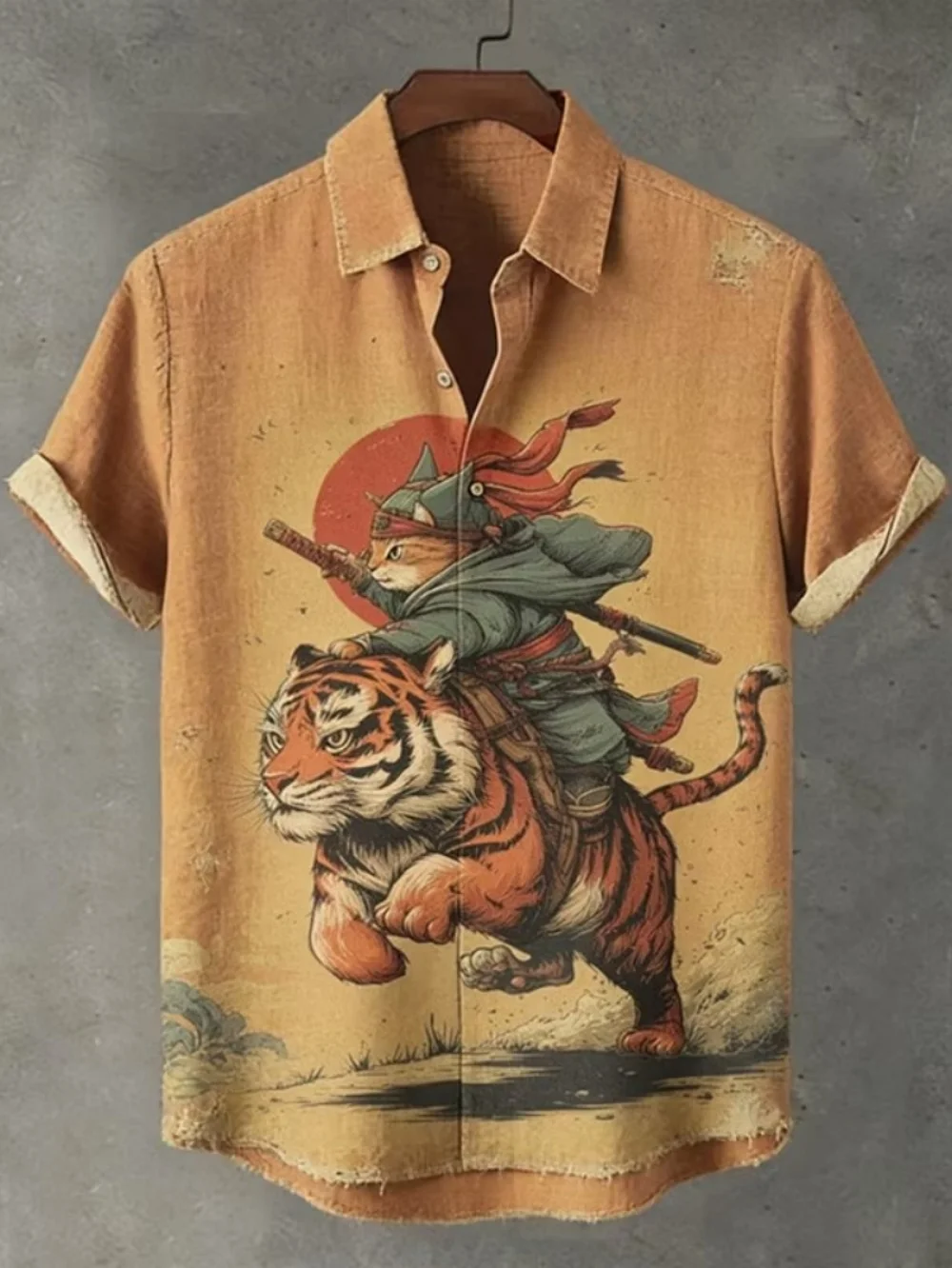 

New Chinese style ink wash landscape ink bamboo lonely boat retro painting print men's collar short sleeved shirt