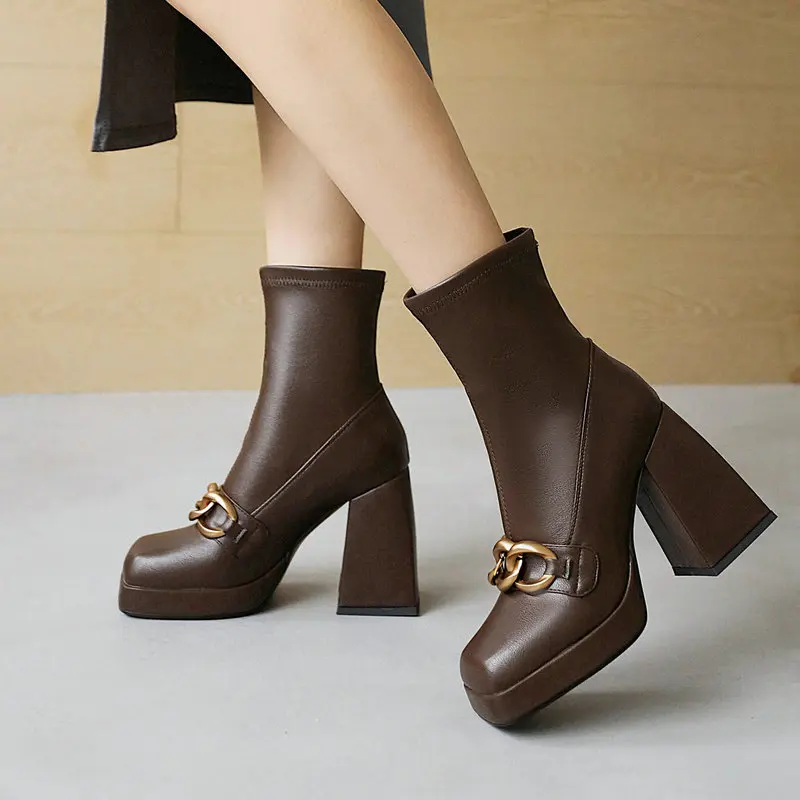 Winter Girls High Heel Shoes Women Leather Ankle Boots Women Round Toe Thick Heel Platform Shoes High-heeled Boots Women Boots