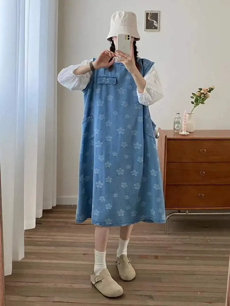 Novo 2025 verão denim algodão sem mangas vestidos, feminino o pescoço impressão, mori menina doce versátil festa solto colete vestido d54055cc