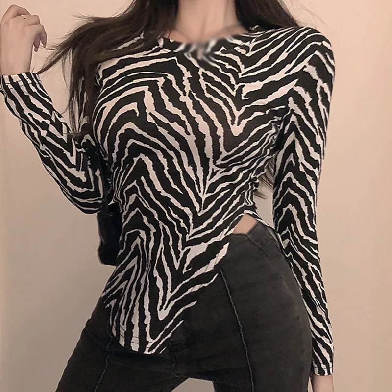 Women\'s Color Block Zebra Print Striped Long Sleeve Slim Fit Sexy Blouse