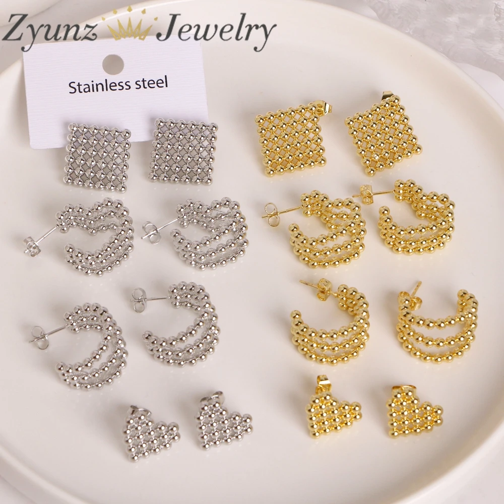 

5 Pairs, Stainless Steel Square Circle Heart Stud Earrings for Women Simple Fashion Small Beads Earrings Jewelry Gift