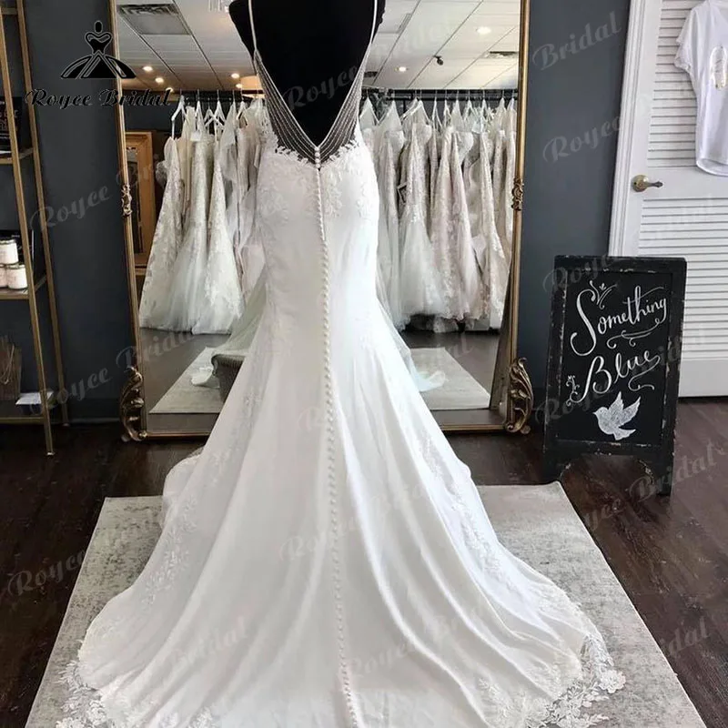 Sereia/trompete espaguete cintas vestido de casamento com decote em v rendas apliques sem costas vestidos de novia 2022 longo vestido de noiva sexy