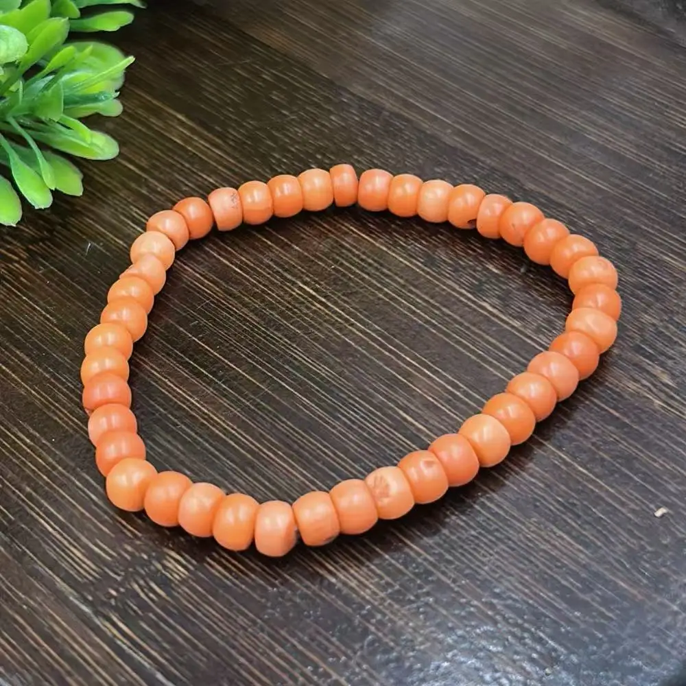 4x6MM Vintage African Jewelry Gift Drum Natural Sea Bamboo Orange Coral Beads Bracelet 7-9inch