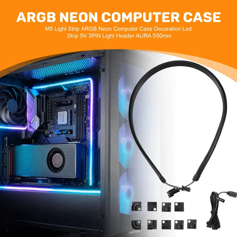 Hot Sale-PHANTEKS M5 Light Strip ARGB Neon Computer Case Decoration Led Strip 5V 3PIN Light Header AURA 550Mm