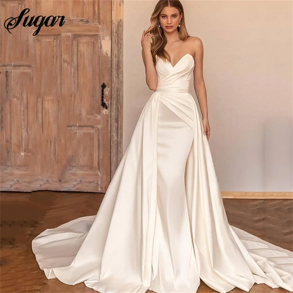 

Sexy Satin Off Shoulder Wedding Dresses With Detachable Train Sweetheart A-Line customized Bridal Gowns vestidos de novia