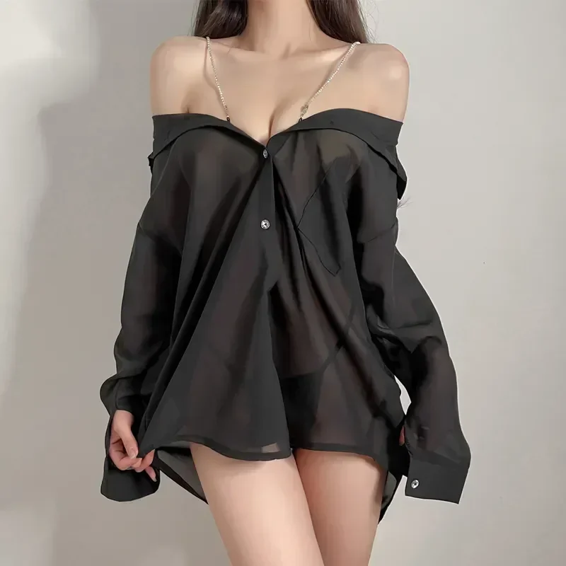 Sleepwear Women Sexy Thin Diamond Suspender Nightie Wears G-string Dress Chain Suit Gown See-through Shirt