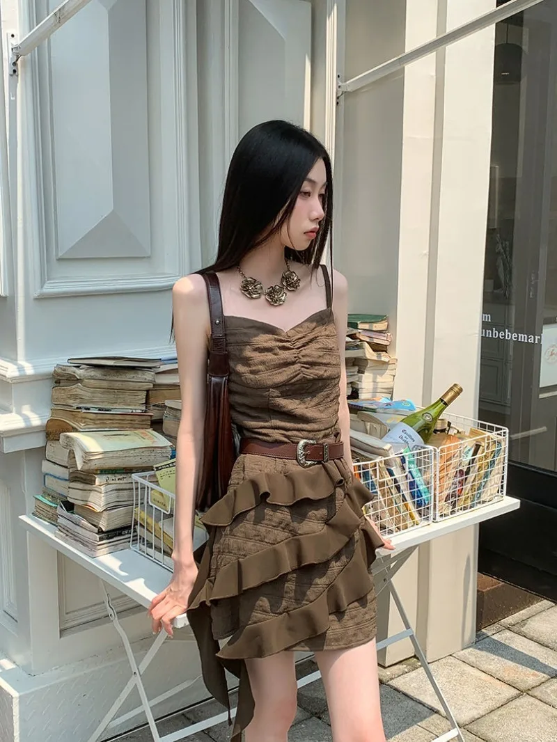 

American Retro Camisole Cake Dress Women Flounce Patchwork Collarbone Sleeveless Shirring Solid Slim Cool Summer Vocation Wear