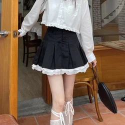 Kawaii Girl Preppy Style Pleated Short Skirts Women Japanese Sweet Fairycore High Waisted Lace Patchwork A-line Mini Skirts 2023