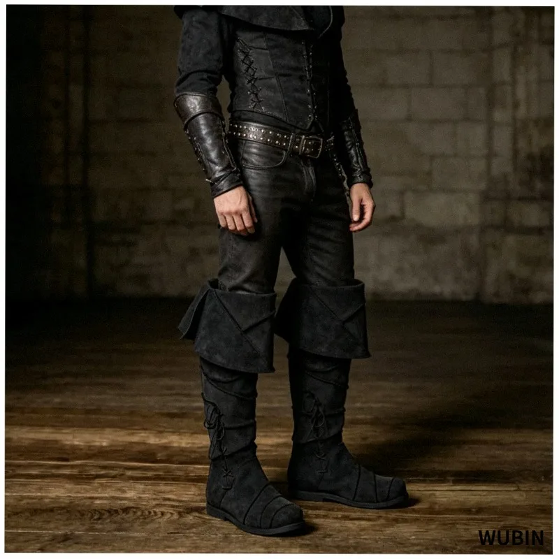 2026 Vintage Brown Low Heel Tall Boots Viking Pirate Steampunk Knight Men Renaissance Halloween Cosplay Matching Footwear Decor