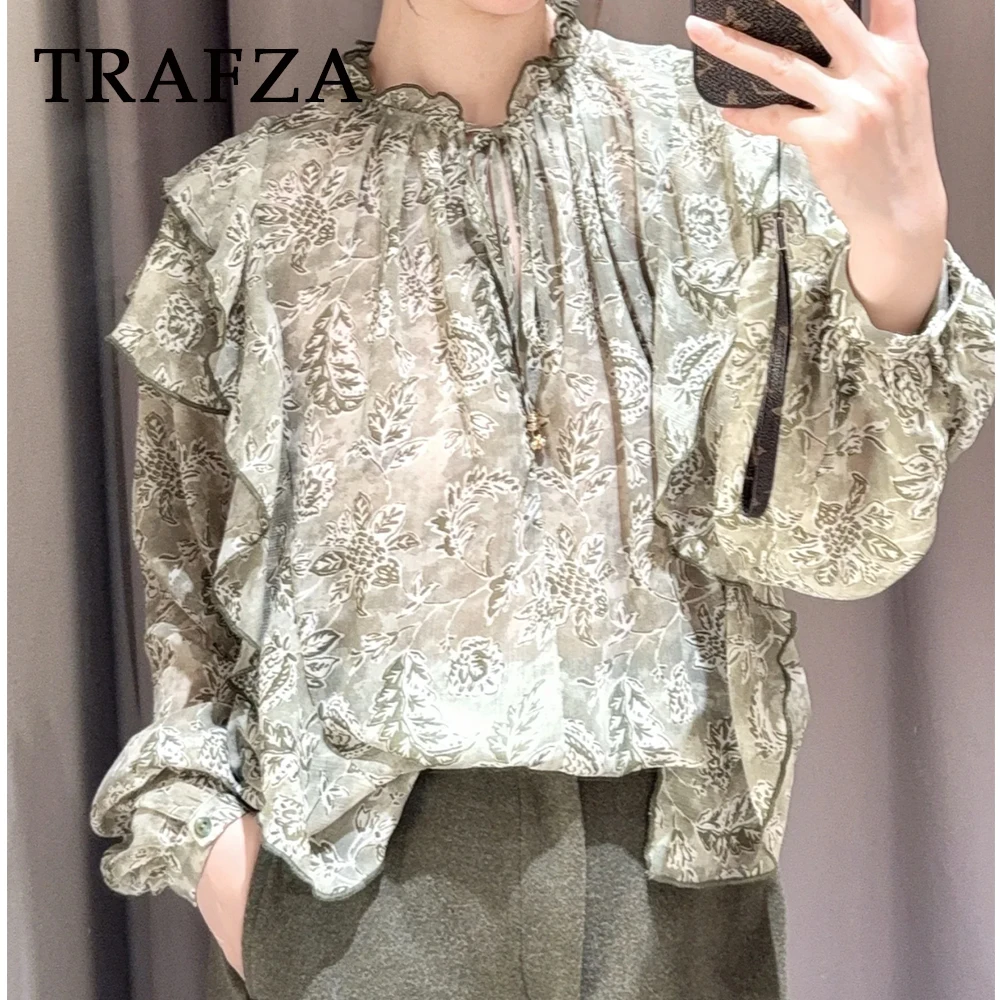 

TRAFZA Chic Tierred Sprint Women Blouse Fashion 2025 Spring Summer Lace-Up V-Neck Shirt Loose Pleated Casual Holiday Mujer Shirt