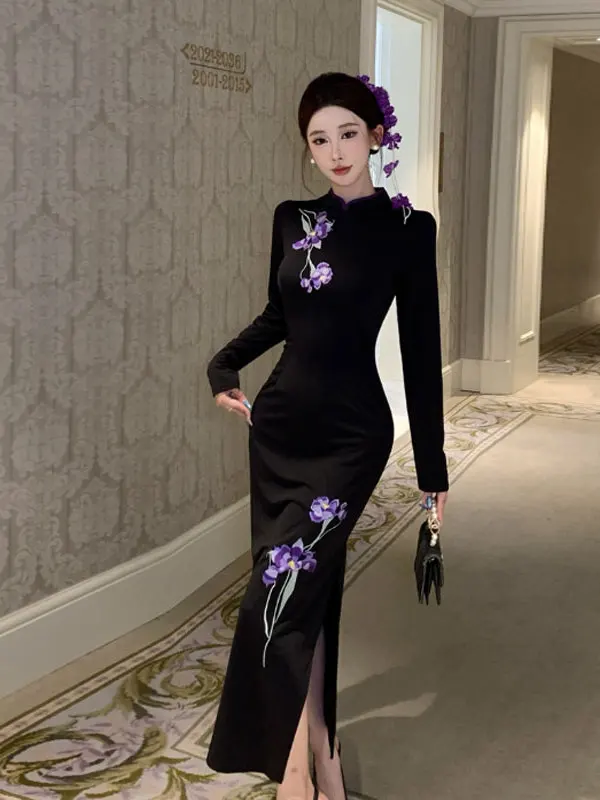 

Новое платье в китайском стиле Хепберн: модное облегающее платье миди с длинным разрезом, из мягкого полиэстера, средней эластичности, осеннее, с длинным рукавом