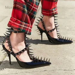 Sexy Black Red Rivet Stiletto Women's Pumps Novelty Runway Show Shoes Pointed Toe Patent Leather High Heels Big Studded Sandals