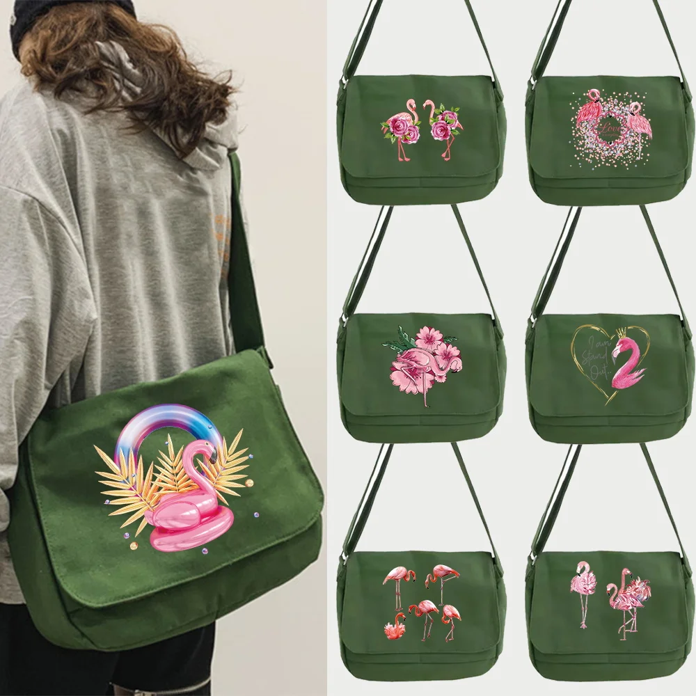 

Women Canvas Messenger Bag Youth Ladies Fashion Flamingo Shoulder Bag Student Large Capacity Female Crossbody Bags Woman Packet