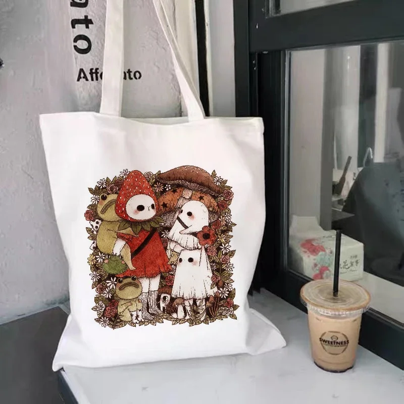 Cute Mushroon Printing Female Cotton Cloth Handbag Tote Harajuku Kawaii Print Reusable Shoulder Bags Kpop Women Canvas Bag