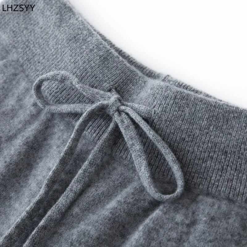 LHZSYY Autumn Winter New Women\' Cashmere High Waist Trousers Casual Loose Tight Waist Pants Draw String Straight Pants Wool Knit