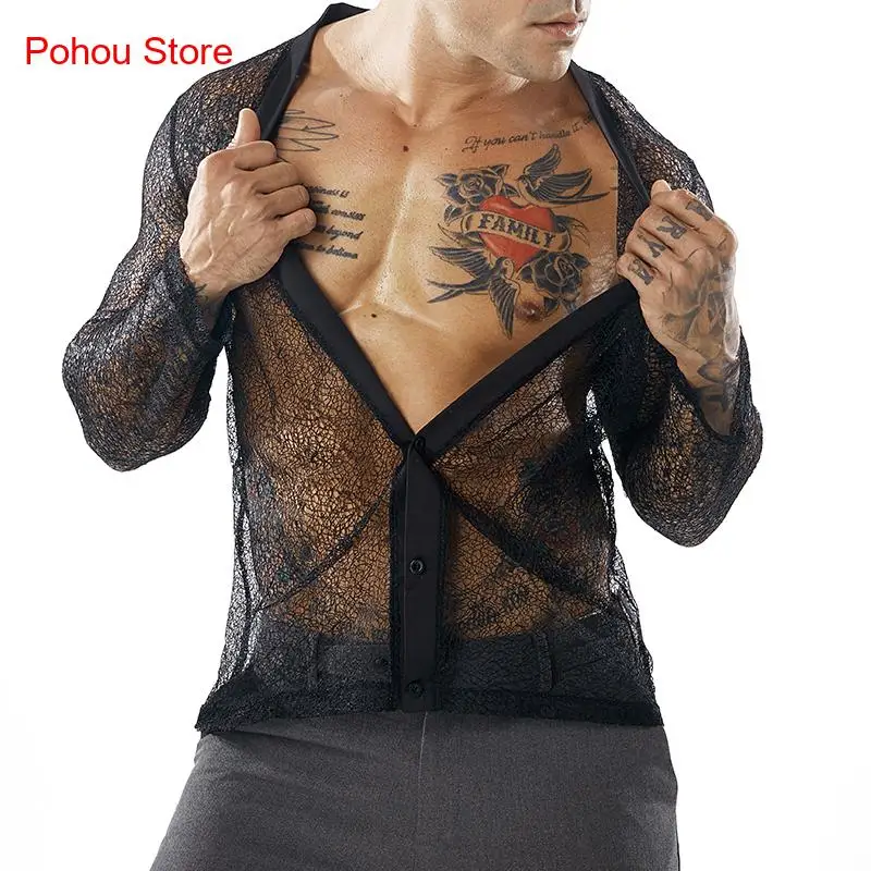 Summer Casual Solid Color Transparent Mesh Long Sleeved Cardigan for Men