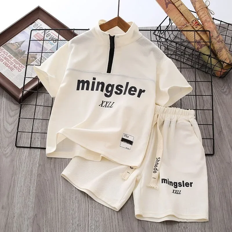 Summer Teenage Boy Clothes Set Children Girl Zip O-Neck T-shirts & Shorts 2pcs Suit Kid Fashion Top & Bottom Outfits Tracksuit