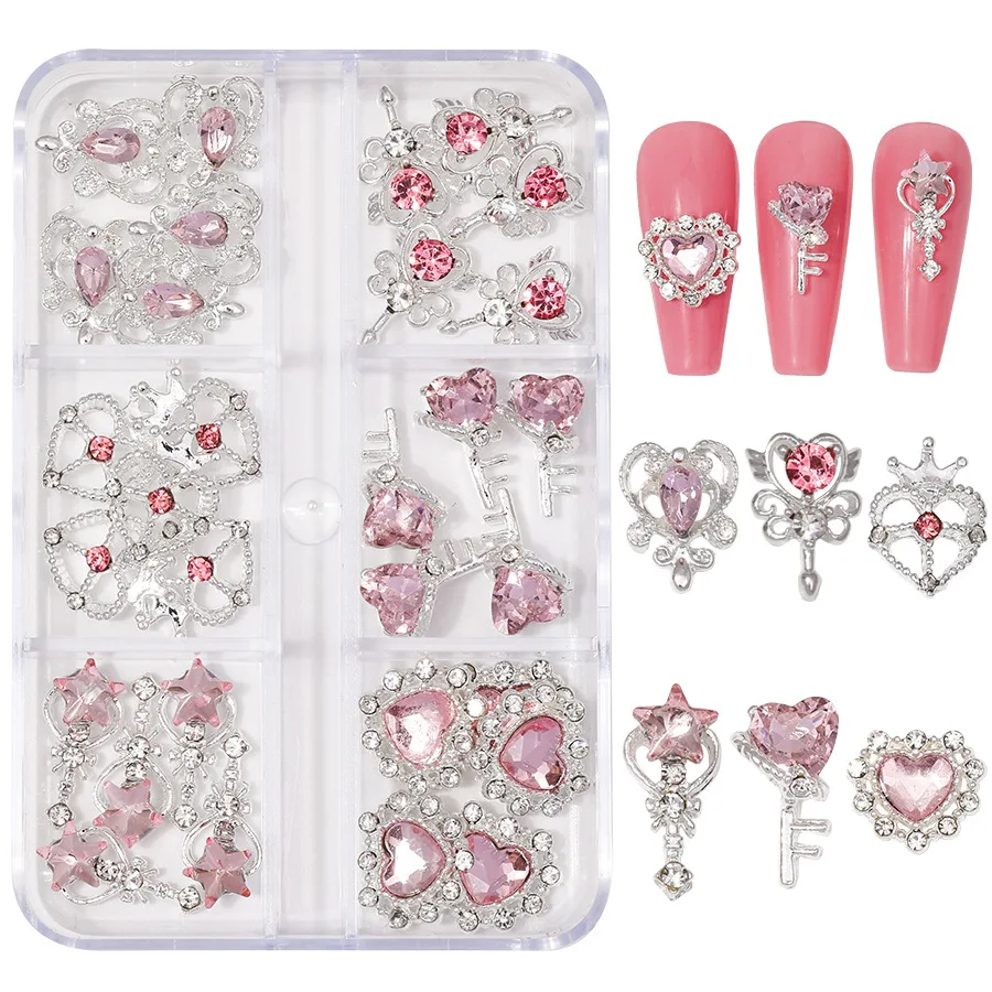6 Grid Trendy 3D Love Heart Nail Charms Set Red Pink Rhinestone Crystal Magic Wand Decor Must Have for DIY Nail Art Party Nails
