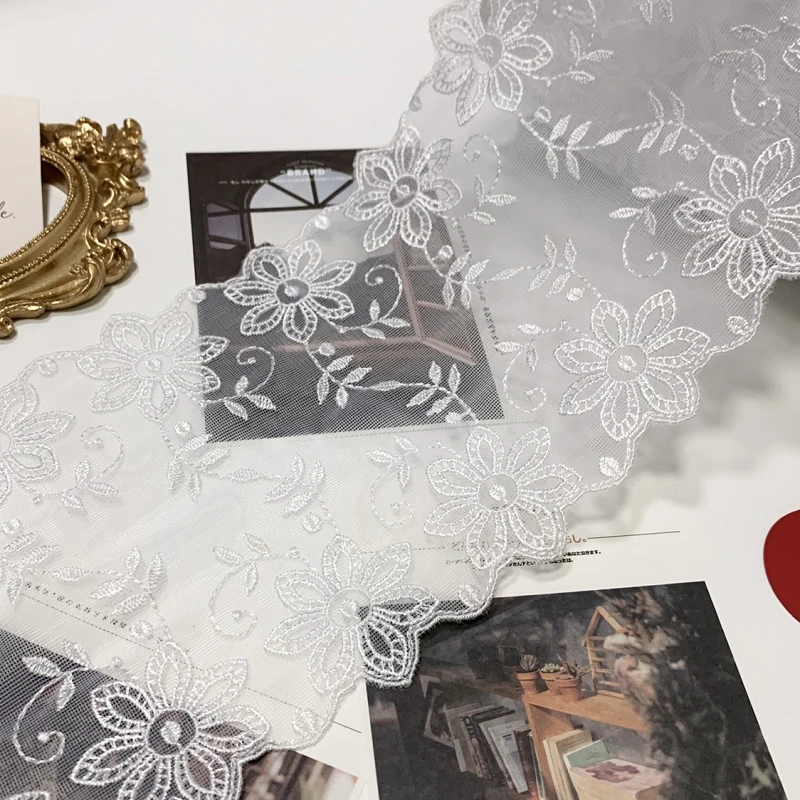 

Белая сетчатая кружевная отделка с цветочной вышивкой для шитья одежды, аксессуаров, нижнего белья, бюстгальтеров, платьев, декоративная ткань 15Yds
