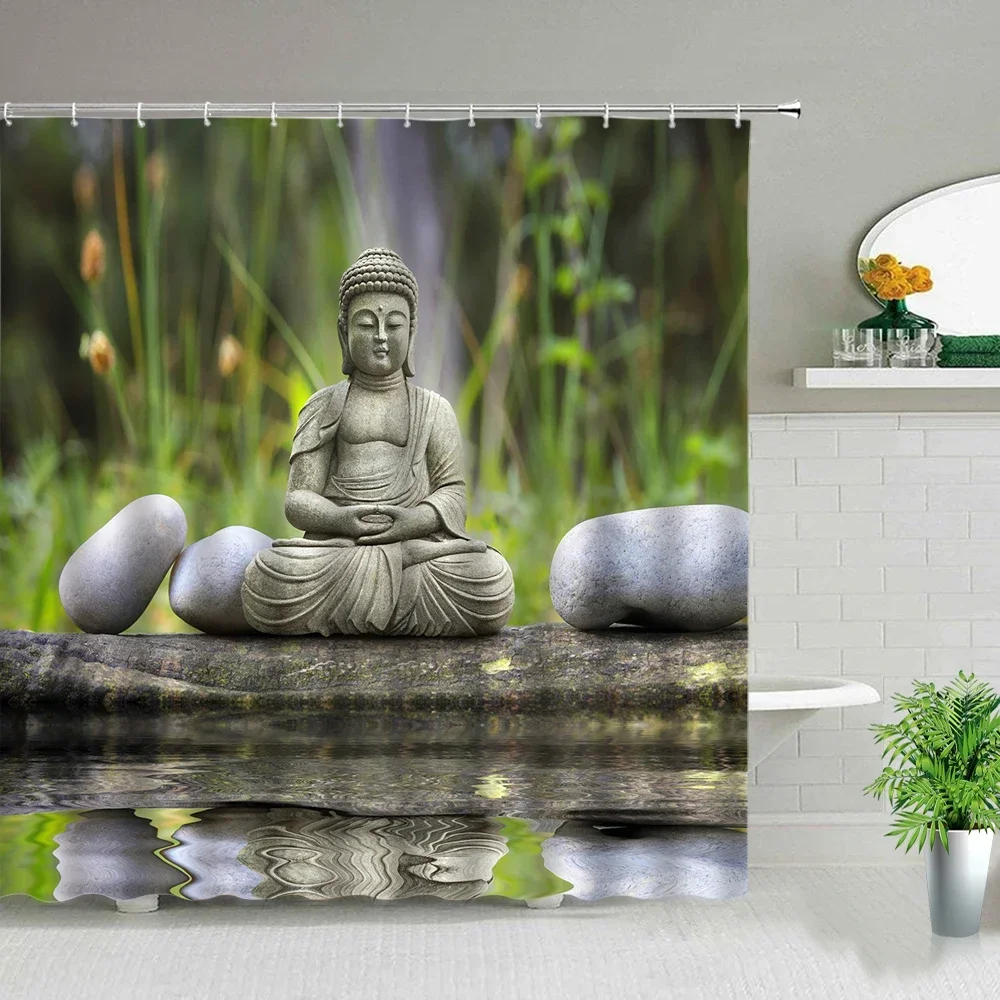 Zen Stone Buddha Flowers Scenery Shower Curtains Creativity Art Bathroom Bath Curtain With Hooks Waterproof Fabric Bathtub Decor