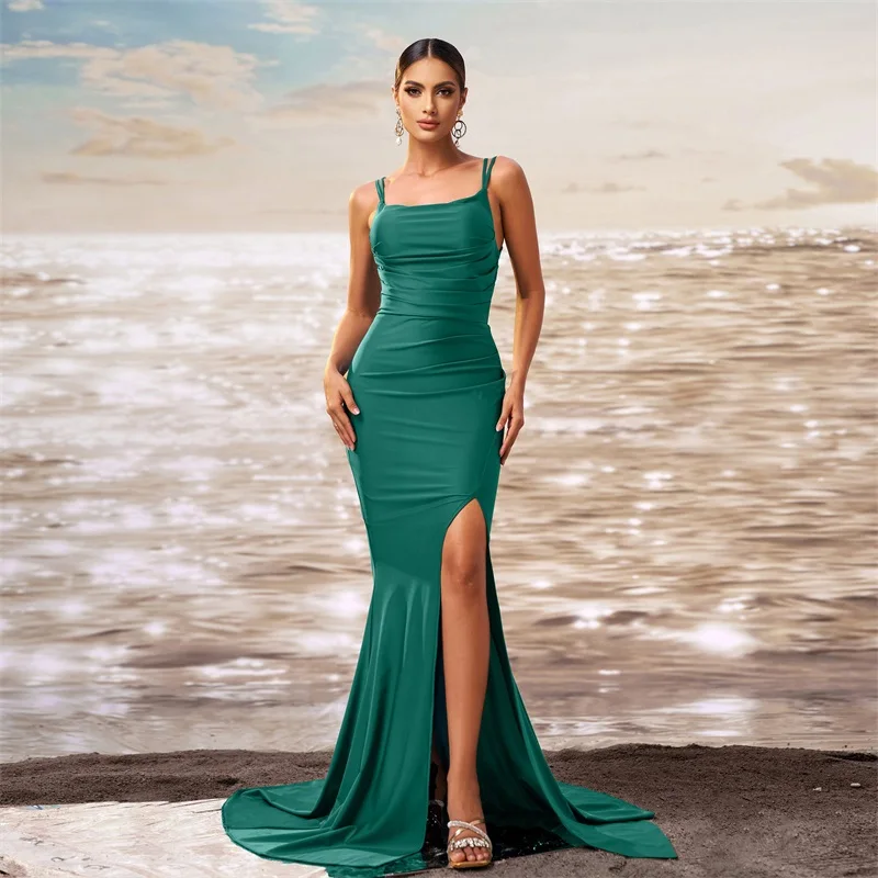 

Женское платье для выпускного вечера с двойными бретелями и высоким разрезом, вечерняя юбка с квадратным воротником и высоким разрезом, новая мода 2025, зеленое клубное вечернее платье