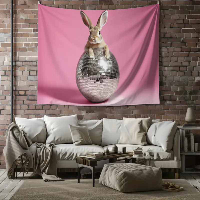 Aesthetic Pink Wall Tapestry Bunny Rabbit Disco Ball Glitter Home Decor Print Pop Art Nursery Decor Hanging Poster for Bedroom L