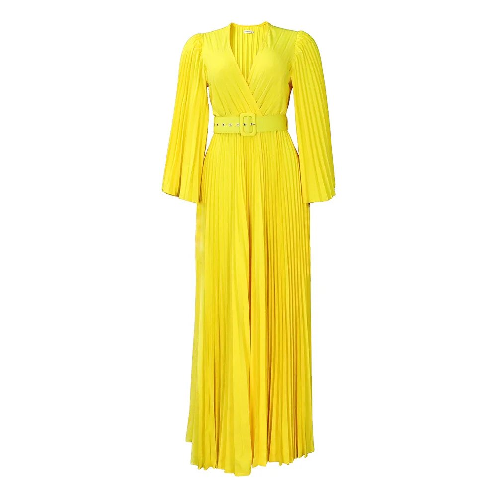 

Elegant Pleated V-neck Chiffon Long Dress With Big Long Sleeves Belt