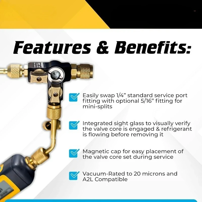 

Инструмент для удаления сердечника клапана 1/4 дюйма, двойной с смотровым стеклом, инструменты HVAC, вакуумный 20 микрон, совместимый с A2L, ремонт холодильного оборудования