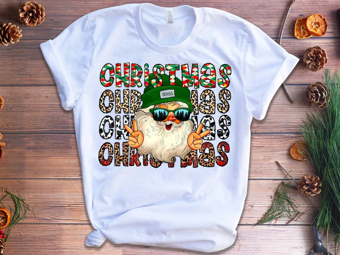 Cool Leopard Christmas Santa Claus Graphic Print T Shirt Women Clothes 2023 Funny Fashion Tshirt Femme Harajuku Kawaii Clothes