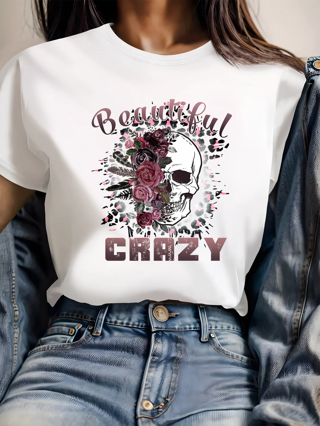 

Women'S Black Skull Floral Printed T-Shirt Round Neck Short Sleeve Cotton Tee Retro Hip Hop Y2k T-shirt Summer Women Clothing