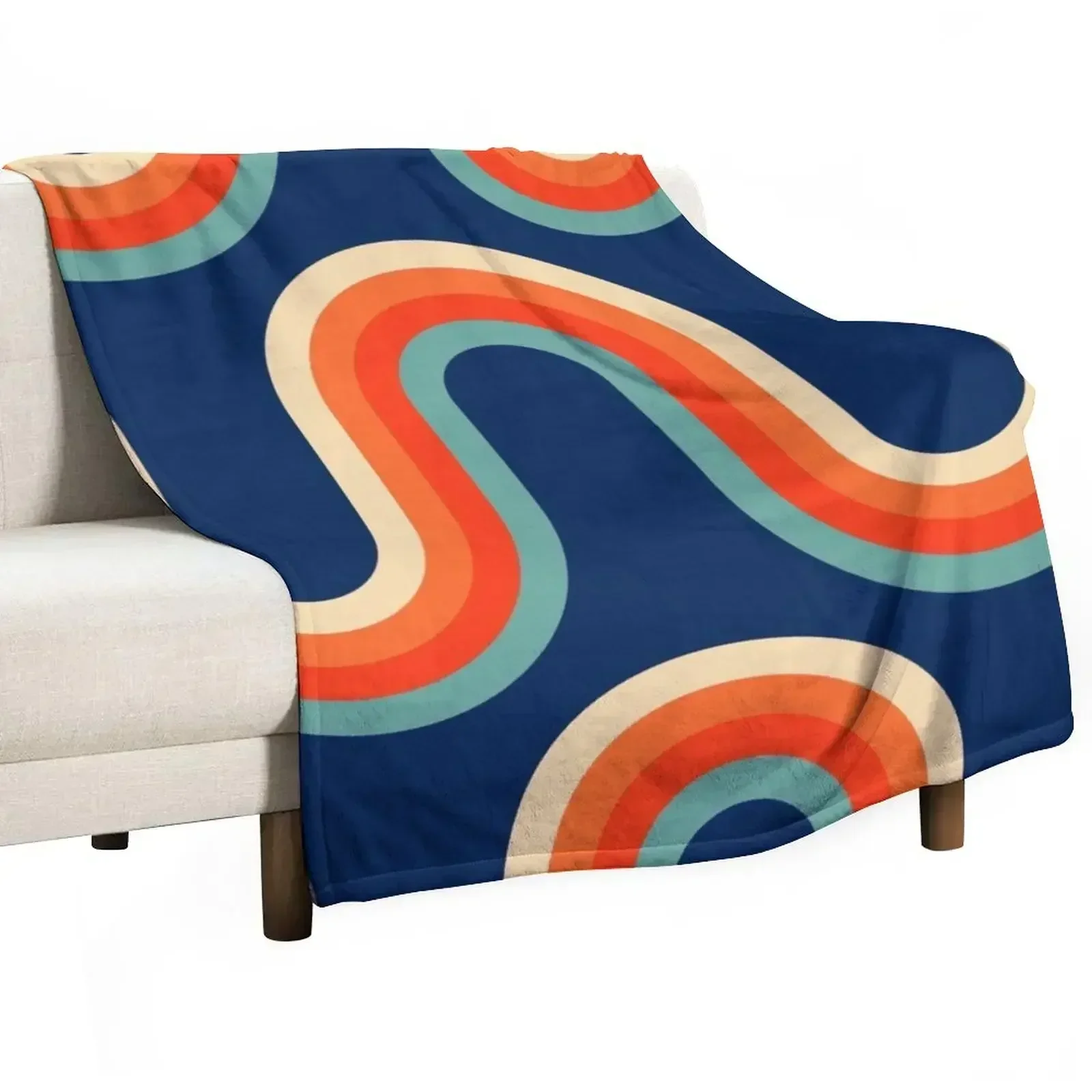 70s Pattern Waves Dark Blue and Orange Tones Pattern Throw Blanket Travel Blankets For Sofas Blankets