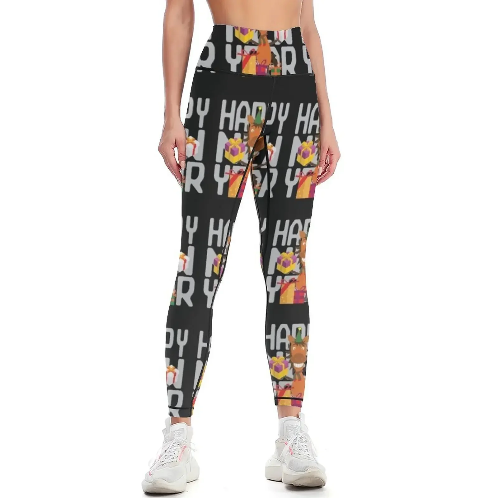 

Funny horse wishes a happy new year Leggings Women's high waist sports woman gym leggins push up woman Womens Leggings