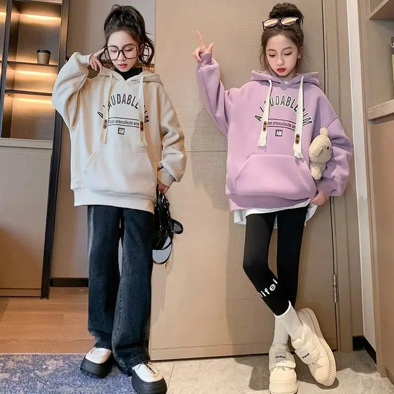 Winter Warm Girls Cotton Alphabet Fleece Lined Workout Sweatshirt Jacket School Kids Track Hoodie Coat Child Jumper Tops 3-16Yrs