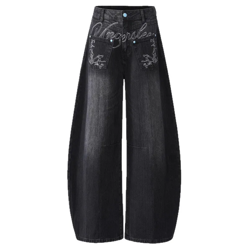 جينز هاي ستريت الأمريكي 2025 |   غسيل مفكك مع تطريز أوفست، سروال فضفاض مناسب بطول الأرض للجنسين لخريف وشتاء