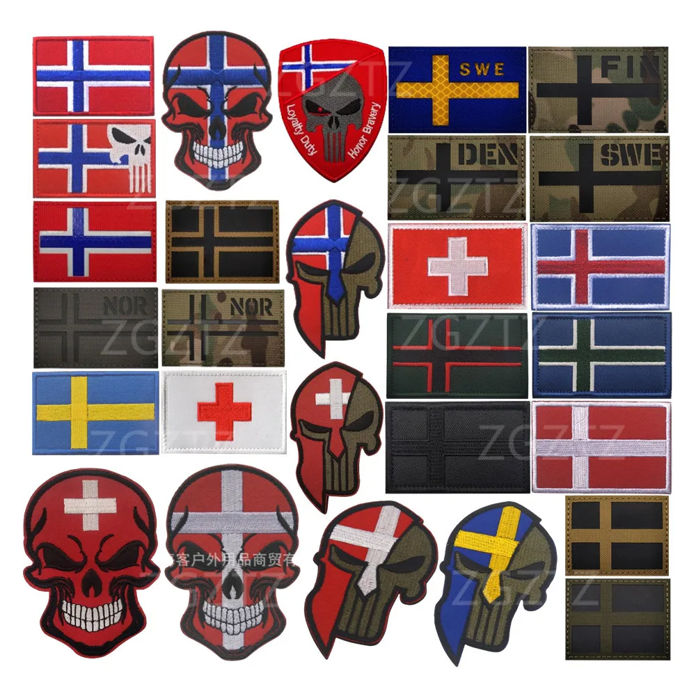 Sweden Norway Denmark Iceland Finland Switzerland Flag Embroidered IR Reflective Patches Emblem Appliqued Sticker Strip Badges